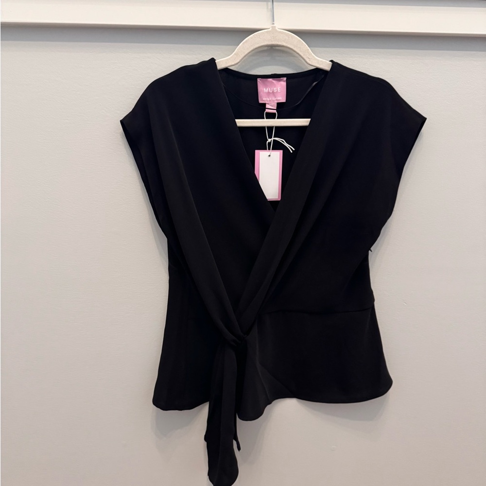 NWT Muse Black Draped Wrap Tie-Front Blouse